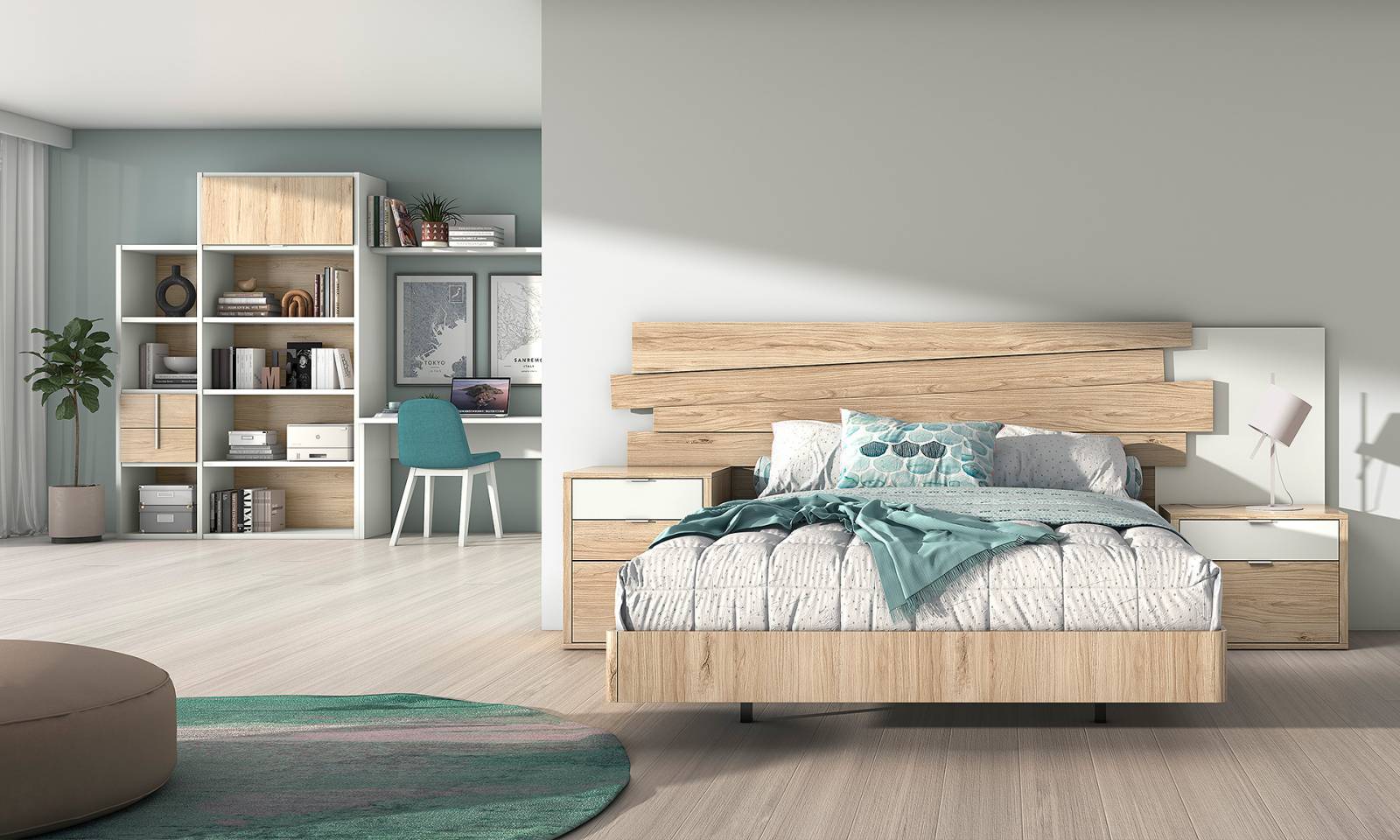 Tête de de lit en bois avec poignées métalliques aluminium