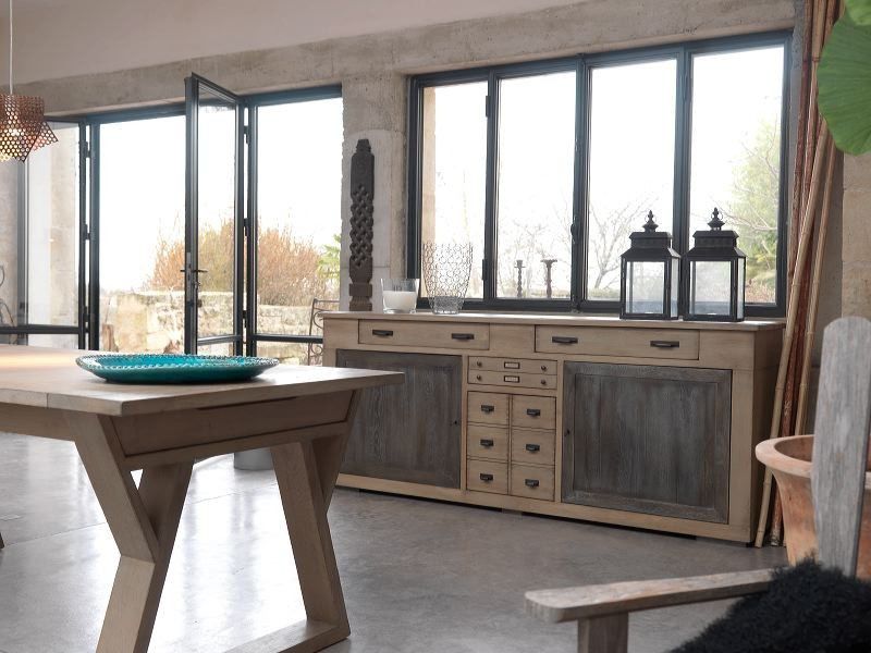 bahut bas loft chêne massif. 3 portes 3 tiroirs en 216 cm de long. finition bicolore.